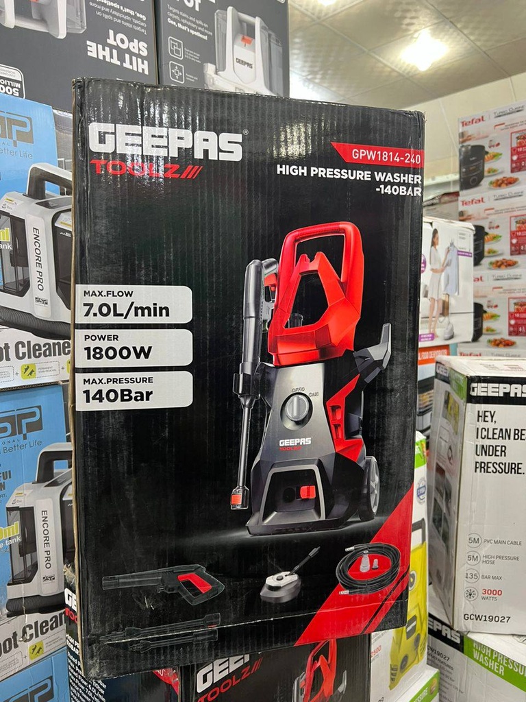 Geepas Toolz 140 Bar High Pressure Washer - GPW1814-240 (1800W, 7L/Min) with Patio Kit & Carbon Brush Motor