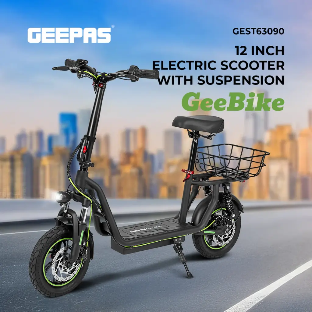 Geepas GeeBike 12" Electric Scooter GEST63090 | Foldable Commuter Scooter w/ Suspension, App Control, Brake Lights & Adjustable Speed