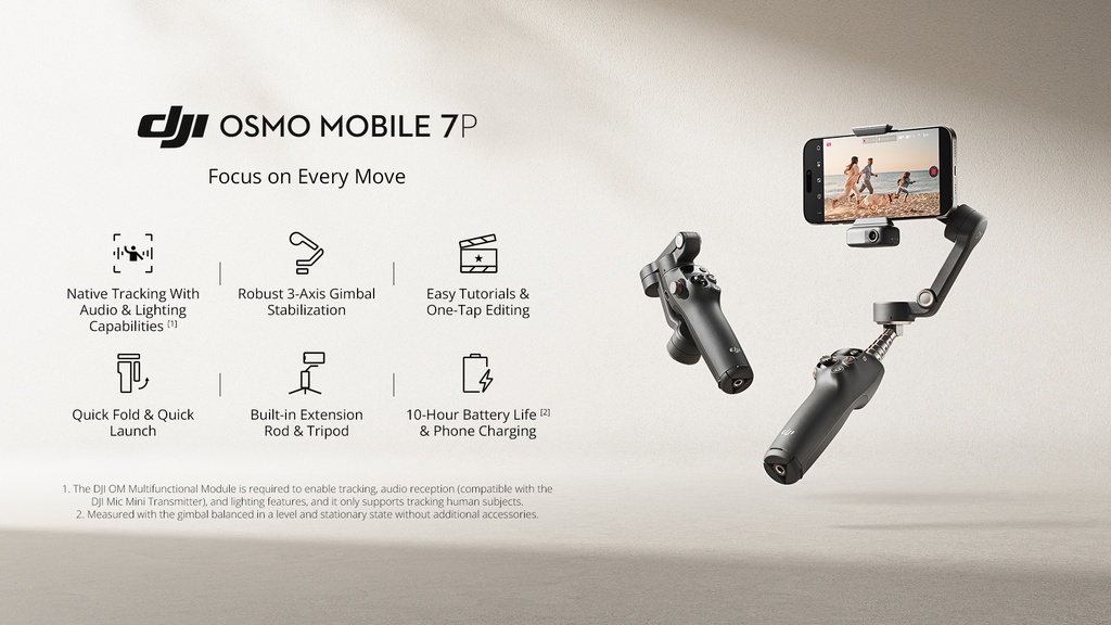 DJI Osmo Mobile 7P - 3-Axis Smartphone Gimbal Stabilizer w/ ActiveTrack 7.0, Built-In Extendable Rod, Magnetic Phone Clip & AI Gesture Control for Pro Vlogs, Reels & Live Streaming