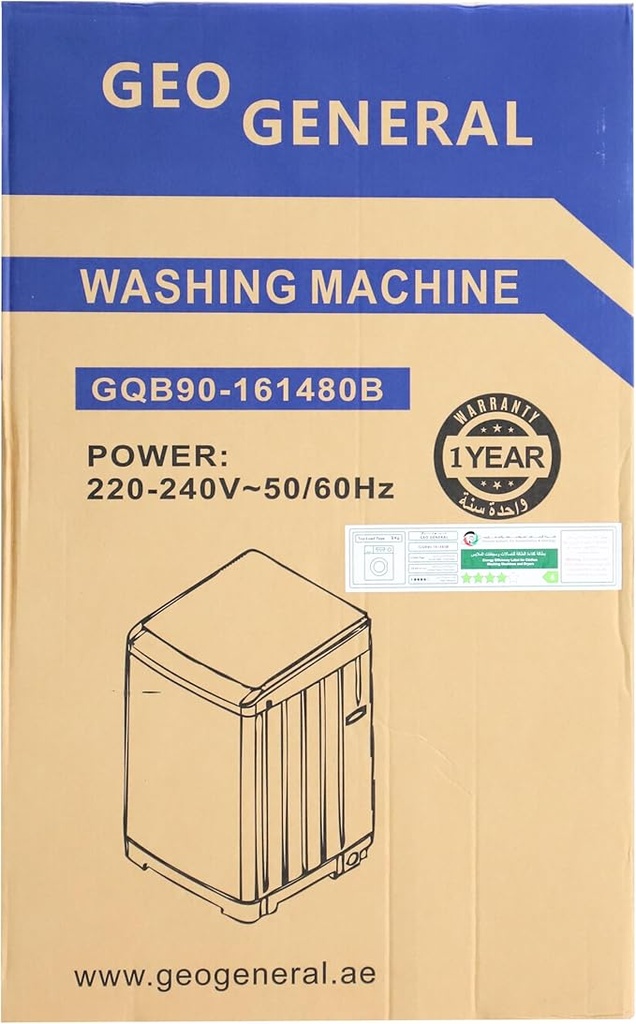 GEO GENERAL 9kg Fully Automatic Top Load Washing Machine (Model GQB90-161480B) with Child Lock, Air Dry & Preset Wash
