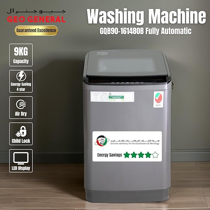 GEO GENERAL 9kg Fully Automatic Top Load Washing Machine (Model GQB90-161480B) with Child Lock, Air Dry & Preset Wash