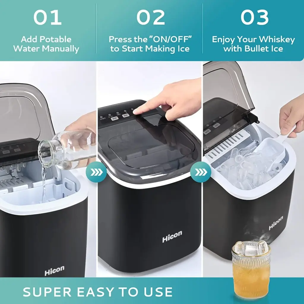 HICON HZB-16M Portable Ice Maker – 16kg Daily Output, 12 Cubes in 8 Mins, Compact & Energy-Efficient (Black)
