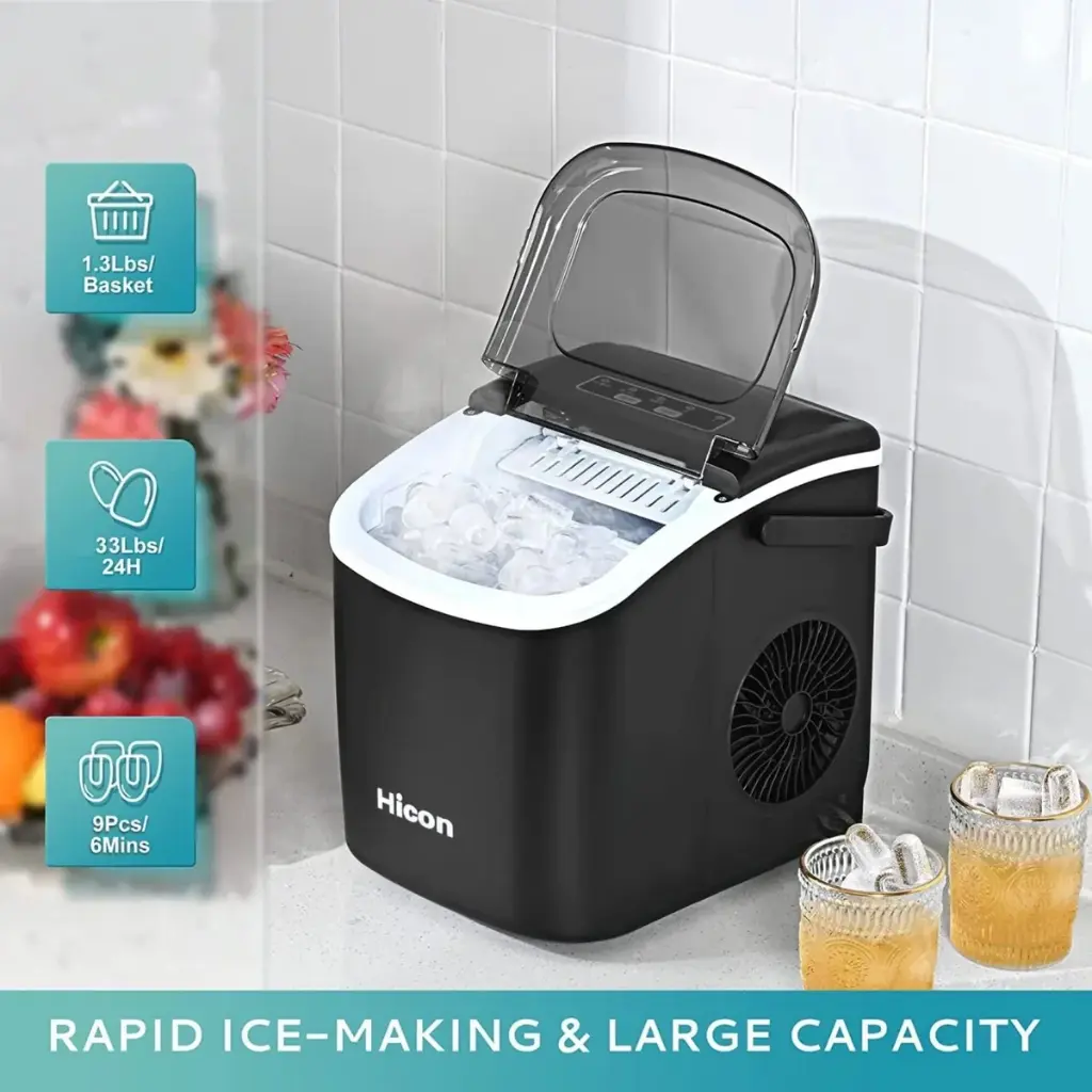 HICON HZB-16M Portable Ice Maker – 16kg Daily Output, 12 Cubes in 8 Mins, Compact & Energy-Efficient (Black)
