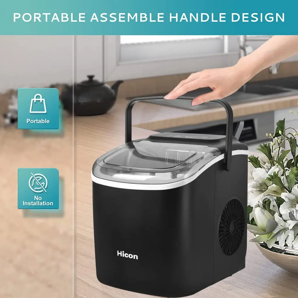 HICON HZB-16M Portable Ice Maker – 16kg Daily Output, 12 Cubes in 8 Mins, Compact & Energy-Efficient (Black)
