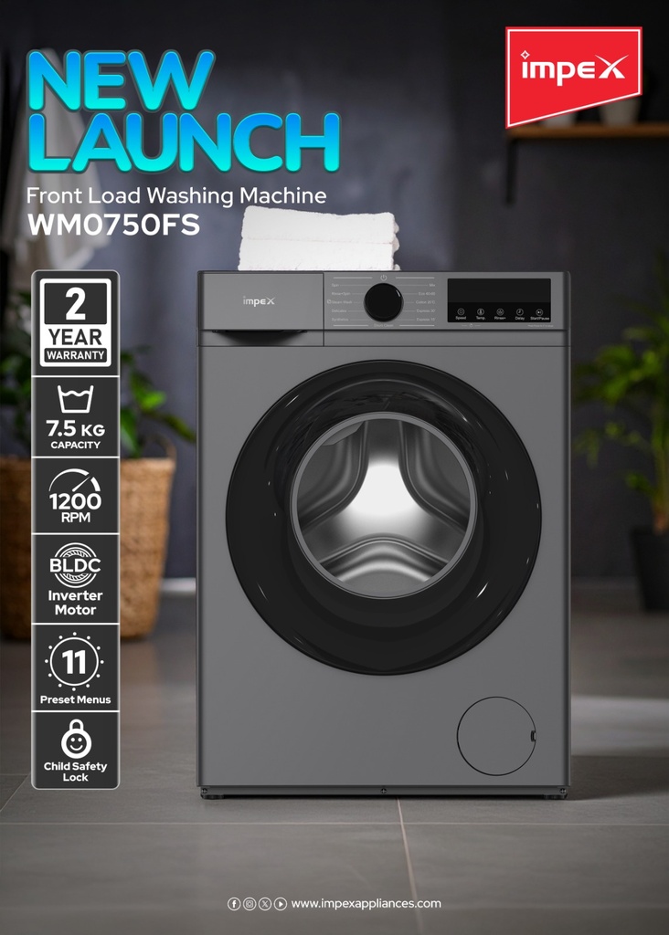 Impex WM0750FS 7.5 kg Fully Automatic Front Load Washing Machine with BLDC Inverter Motor & 1200 RPM Spin Speed