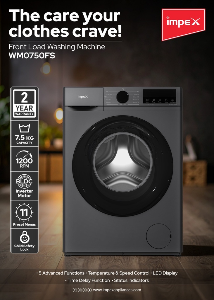 Impex WM0750FS 7.5 kg Fully Automatic Front Load Washing Machine with BLDC Inverter Motor & 1200 RPM Spin Speed