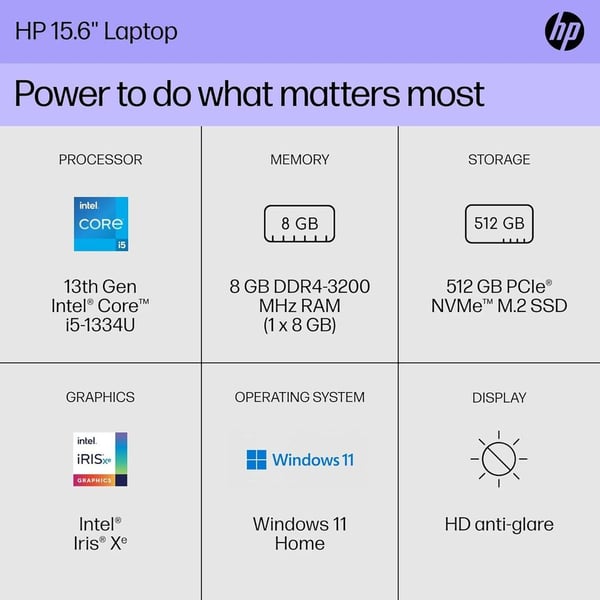 HP Laptop 15-fd0499nia – Intel Core i5-1335U, 15.6" FHD, 8GB RAM, 512GB SSD, Intel Iris Xe, Backlit KB, DOS, Silver