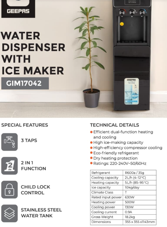 Geepas Water Dispenser and Ice Maker GIM17042 – Cool, Refreshing Hydration at Your Fingertips 