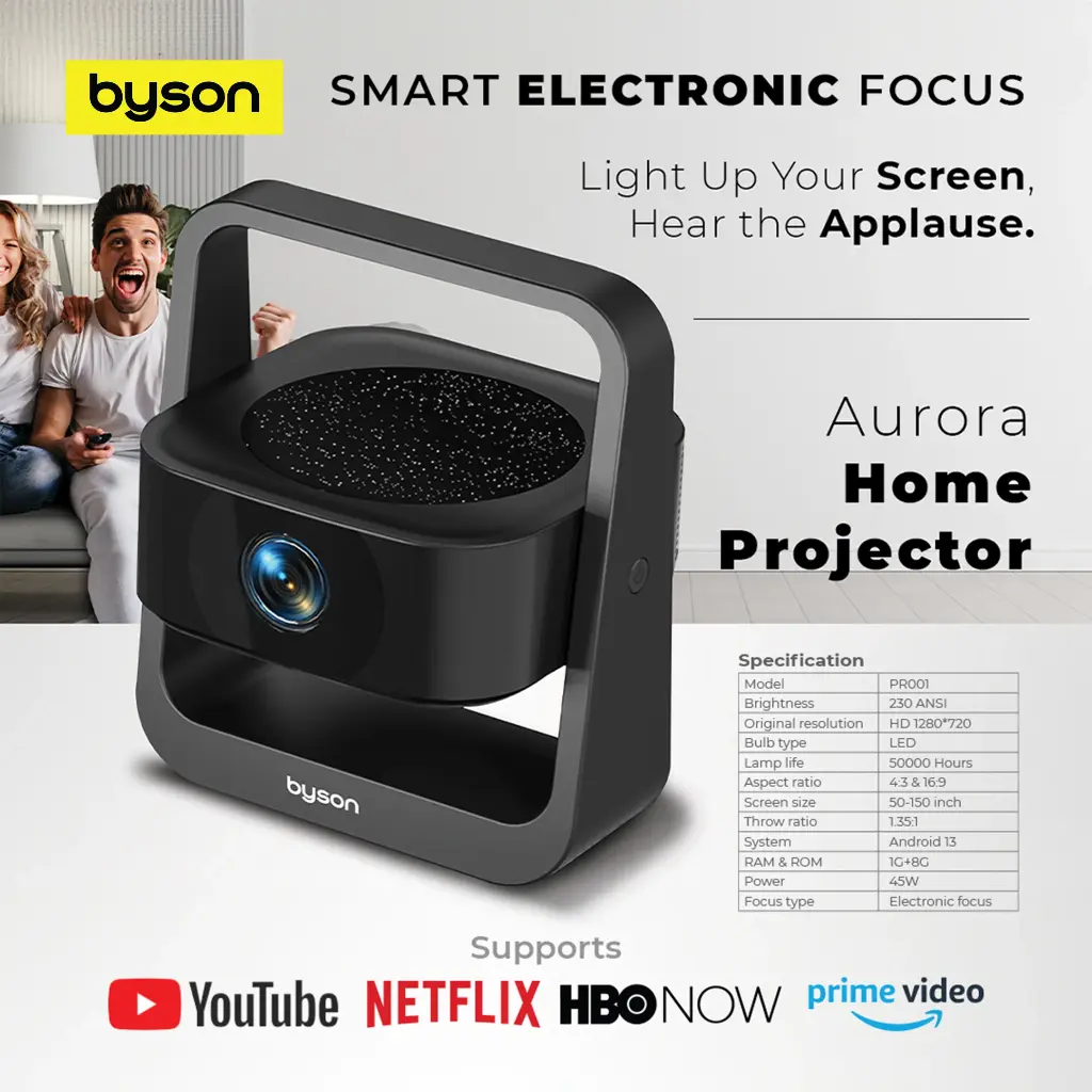 Bson Aurora Smart Home Projector – 4K HDR, 5G WiFi, Android 13, 360° Rotation, Portable Mini Projector for Movies, Gaming & Travel (50"–150" Display)