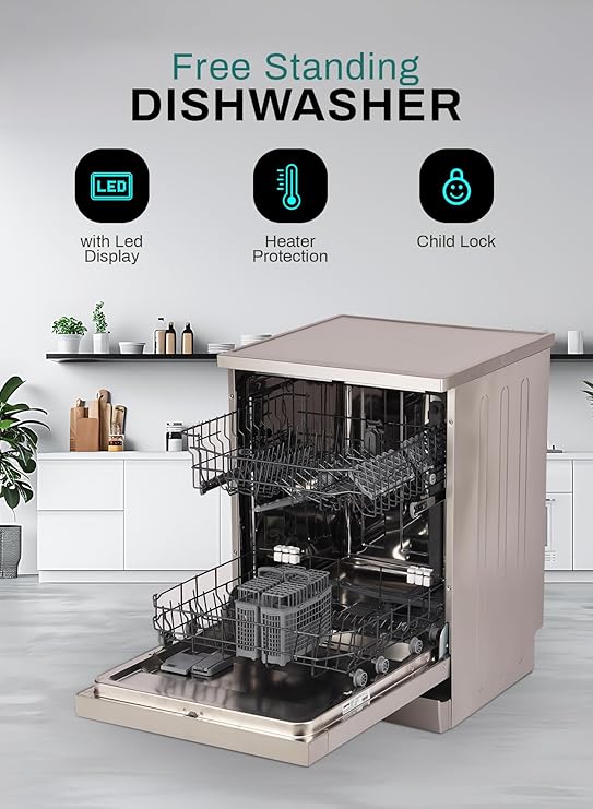 Geepas CDW1584SV Free Standing Dishwasher – 15 Place Settings | 8 Programs | Steam Wash & Child Lock