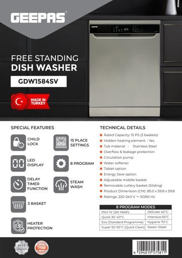 Geepas CDW1584SV Free Standing Dishwasher – 15 Place Settings | 8 Programs | Steam Wash & Child Lock