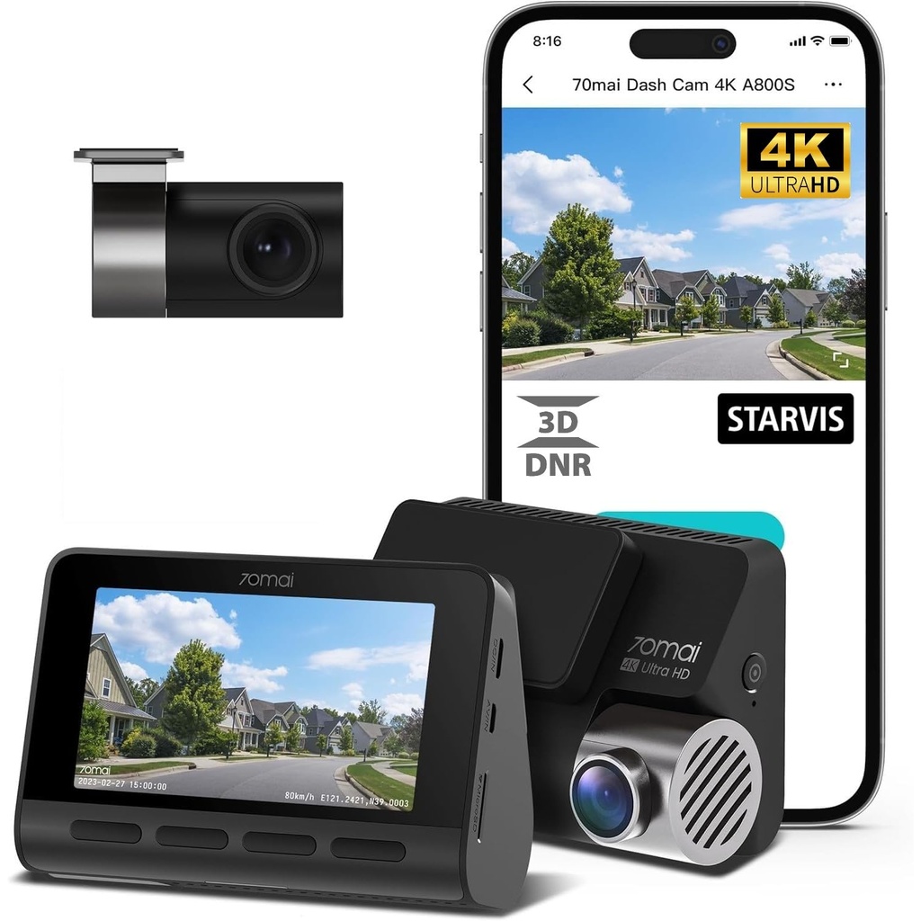 70mai Dash Cam A800S 4K UHD + 1080p Rear Camera Set – Advanced Driver Assistance, GPS, Wi-Fi, Night Vision, 3.5" Touchscreen