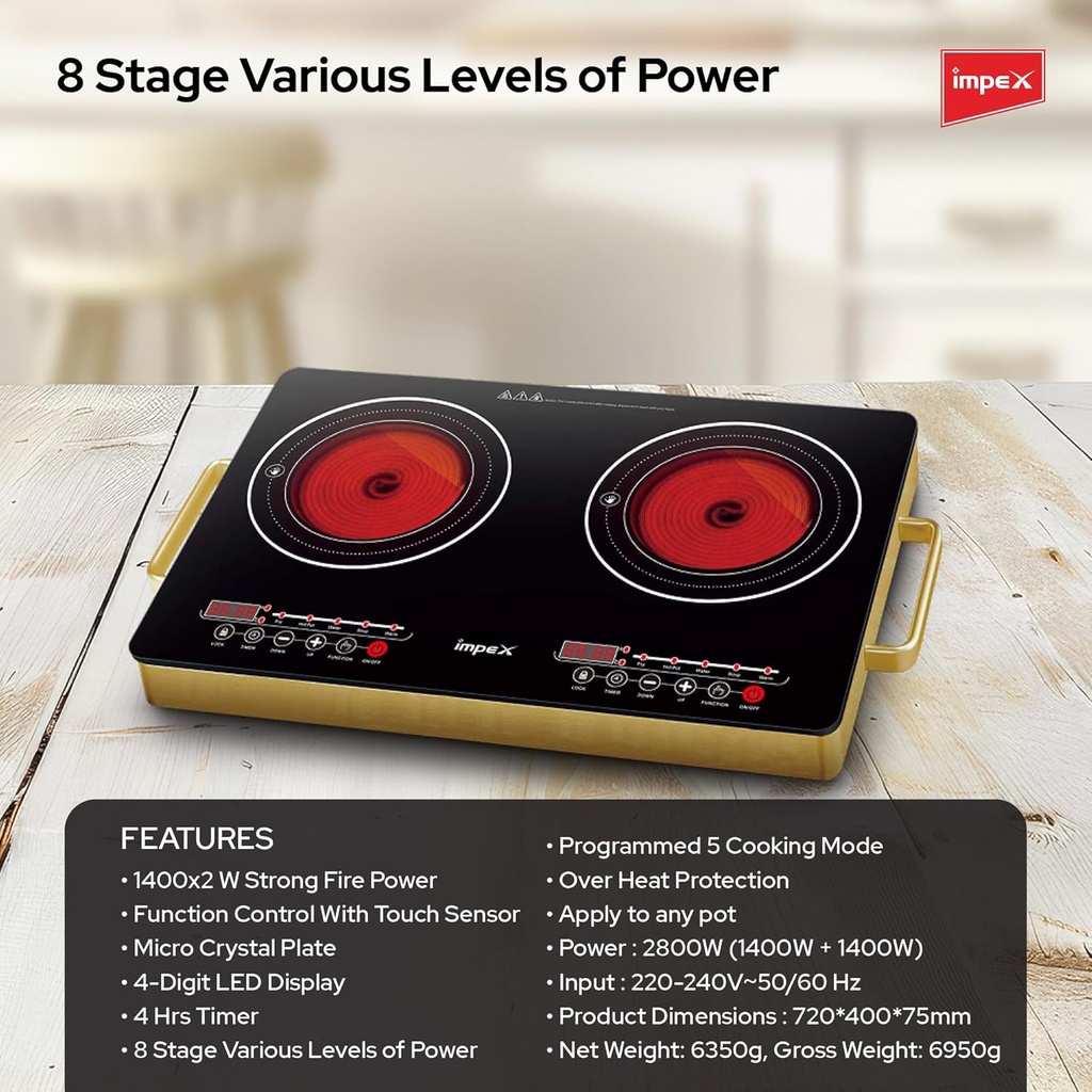 IMPEX 2-Burner Infrared Electric Cooktop – Touch Sensor Control, 5 Cooking Modes, 8 Power Levels, 4-Hour Timer, Overheat Protection, Micro Crystal Plate