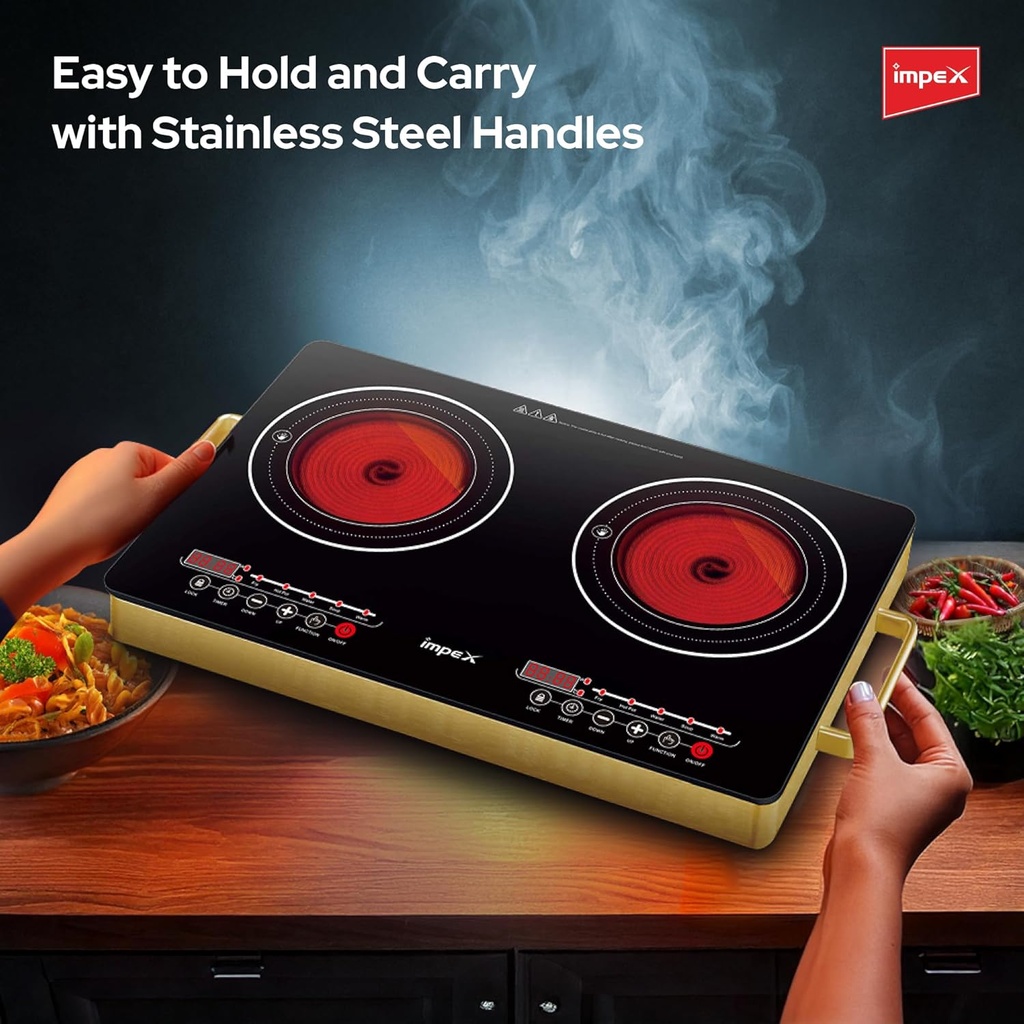 IMPEX 2-Burner Infrared Electric Cooktop – Touch Sensor Control, 5 Cooking Modes, 8 Power Levels, 4-Hour Timer, Overheat Protection, Micro Crystal Plate