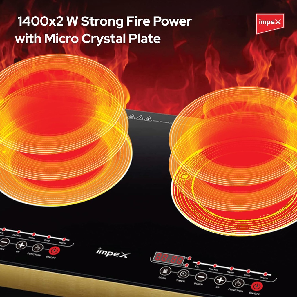 IMPEX 2-Burner Infrared Electric Cooktop – Touch Sensor Control, 5 Cooking Modes, 8 Power Levels, 4-Hour Timer, Overheat Protection, Micro Crystal Plate