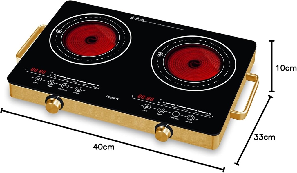 IMPEX 2-Burner Infrared Electric Cooktop – Touch Sensor Control, 5 Cooking Modes, 8 Power Levels, 4-Hour Timer, Overheat Protection, Micro Crystal Plate