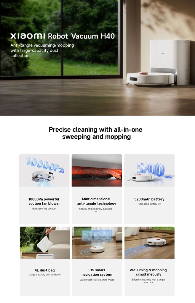 Xiaomi Robot Vacuum H40 | 10000Pa Suction | LDS Laser Navigation | Self-Emptying Base | 180min Runtime | App & Voice Control 