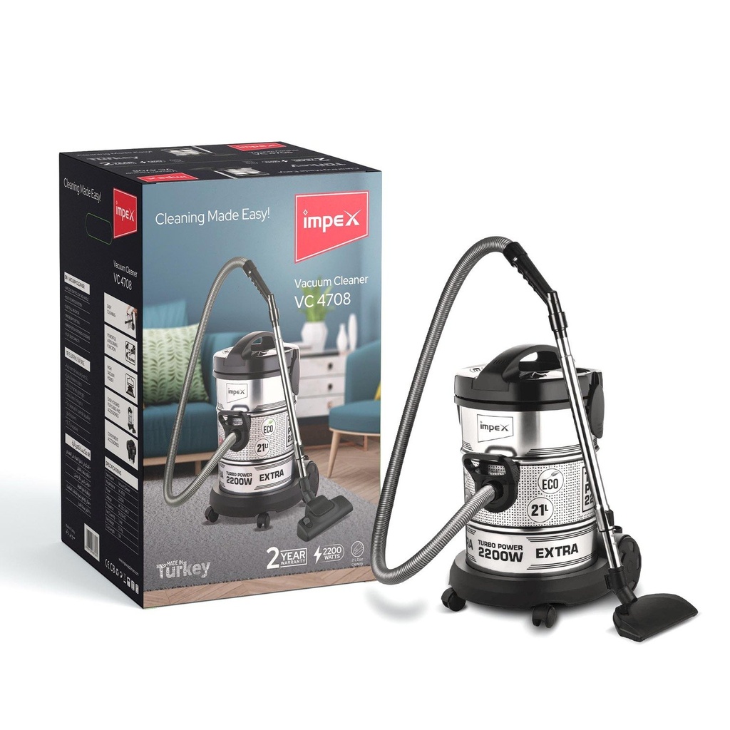 Impex PowerPro VC 4708 Vacuum Cleaner - 2200W, 21L, Durable Metal Body