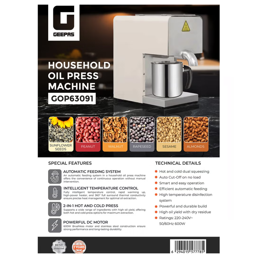 2-in-1 Household Oil Press Machine - Cold & Hot Extraction 