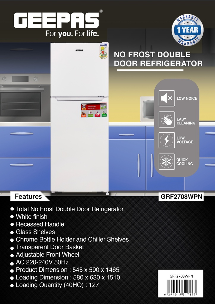 Geepas 270L Double Door Refrigerator GRF2708WPN