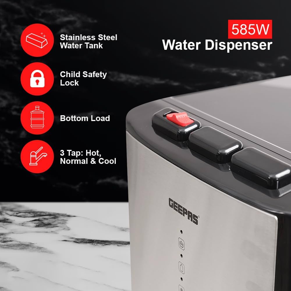 Geepas Bottom Load Hot, Normal & Cold Water Dispenser (GWD17021) – Black/Silver