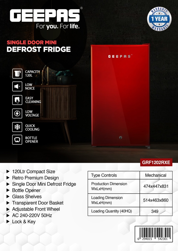 GRF1202RXE RETRO DESIGN PREMIUM MINI FRIDGE 120L