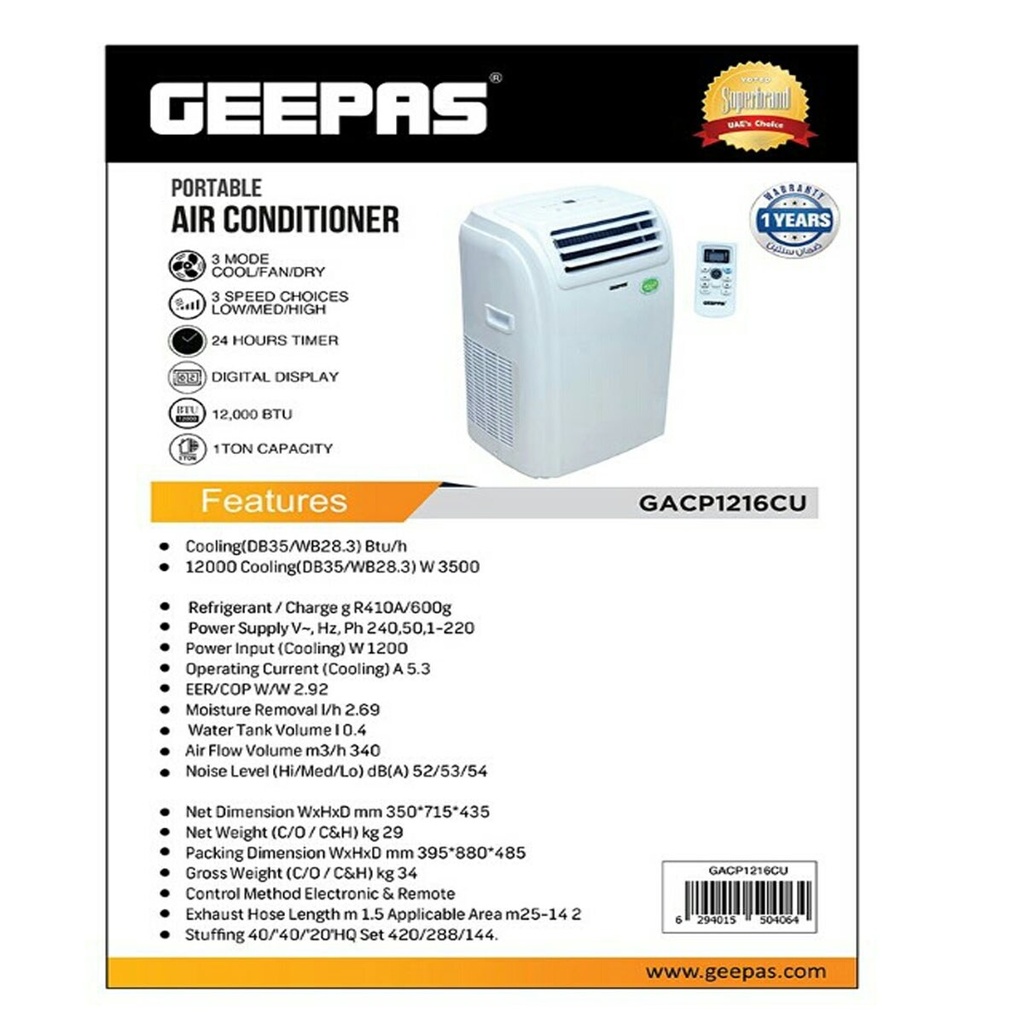 Geepas GACP1216CU Portable Air Conditioner – Remote Control