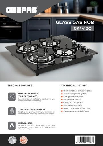 Geepas Glass Gas Hob GK4410Q – 4 Burner | Auto Ignition | Extra Hard BAM Glass