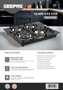 Geepas Glass Gas Hob GK4410Q – 4 Burner | Auto Ignition | Extra Hard BAM Glass