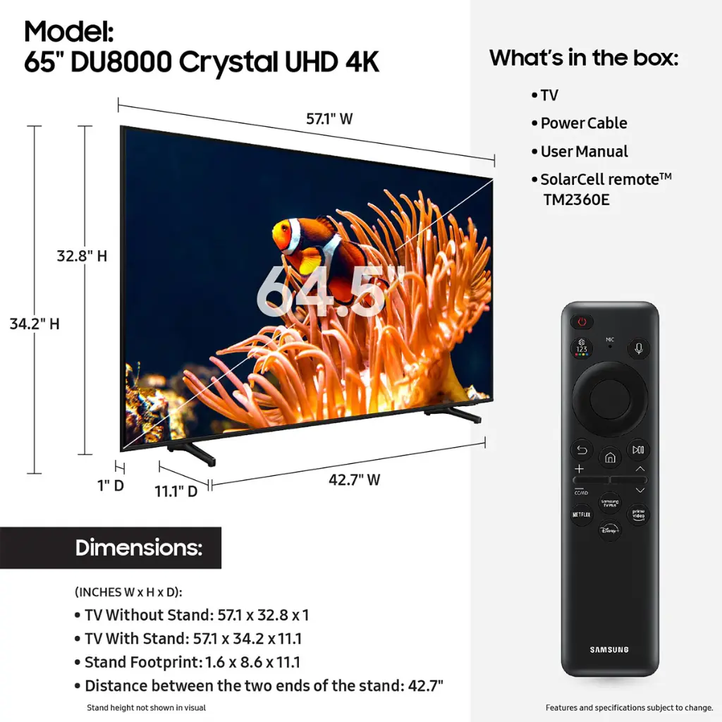 Samsung 65-inch DU8000 Crystal UHD Smart TV – 4K HDR | Dynamic Color | Smart Hub w/ AI 