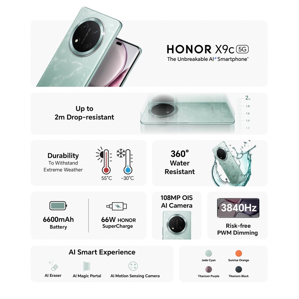 Honor X9C 5G Smartphone – 12GB RAM, 256GB Storage – 6.78" 120Hz Display – 108MP Camera – 5000mAh Battery – Fast Charging 
