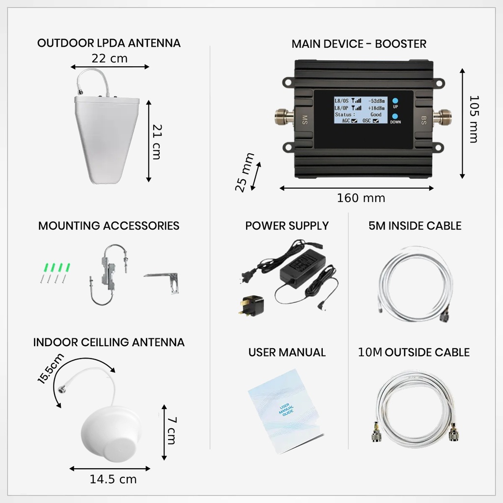 Mobile Phone Signal Booster Kit with 10m Cable & EU Plug