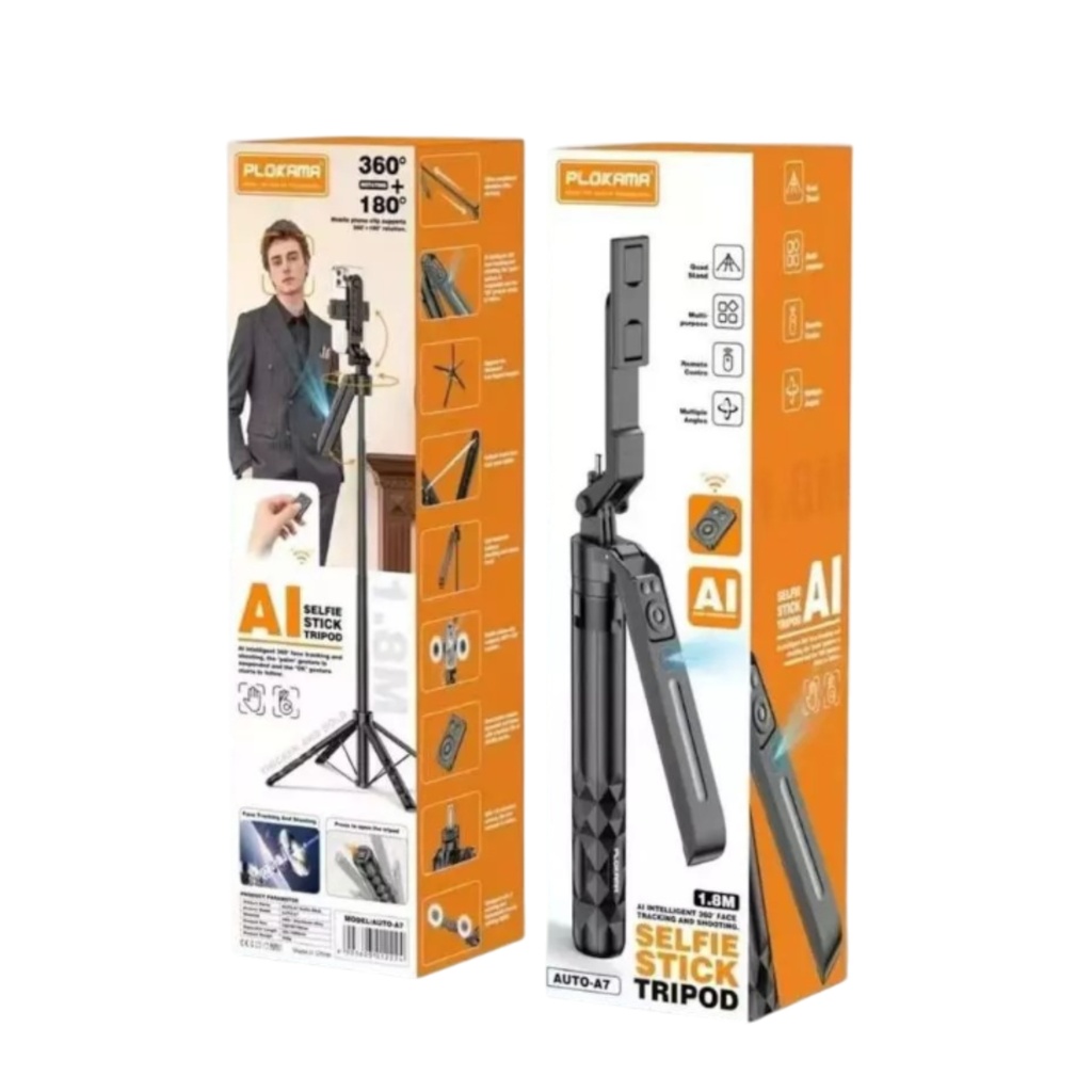 PLOKAMA A7 AI Face Tracking Tripod – Smart Gesture Control, 360° Rotating Selfie Stick & Adjustable Stand for iPhone & Android