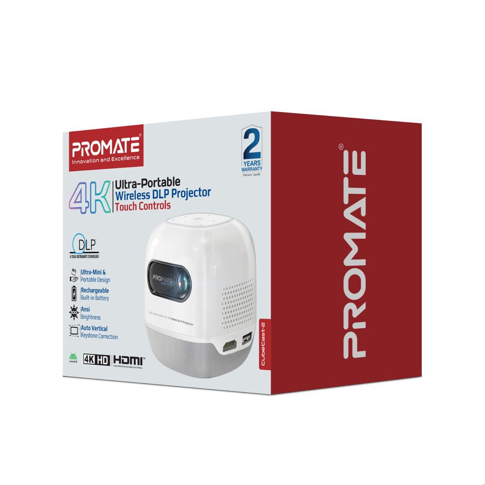 Promate CubeCast-2 White: Wireless HD 720P Mini Projector | 4K Input Support | Auto Keystone | Built-In Speaker | Portable DLP Projector