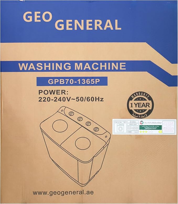 GEO GENERAL 7kg Twin Tub Semi-Automatic Washing Machine (WM GBP70-1365P) – 5kg Spin | 4★ Water Efficiency | 220-240V