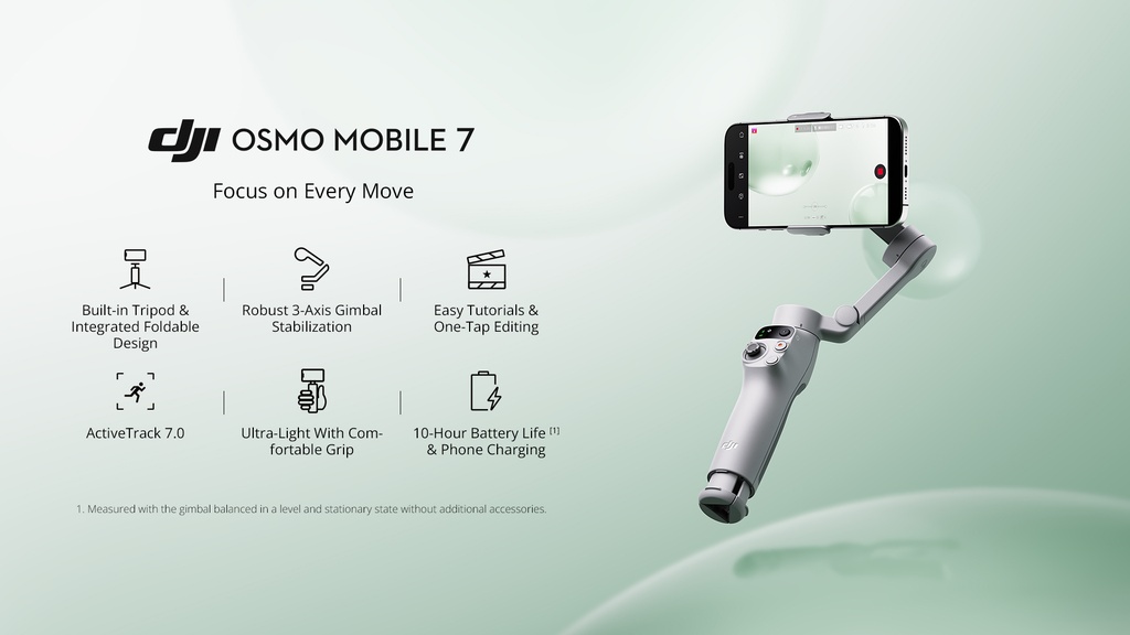 DJI Osmo Mobile 7 Gimbal Stabilizer (UAE Version) - 3-Axis Phone Stabilizer with Built-in Tripod, ActiveTrack 7.0 & Phone Charging