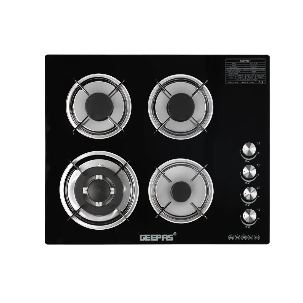 Geepas Glass Gas Hob GK4410Q – 4 Burner | Auto Ignition | Extra Hard BAM Glass